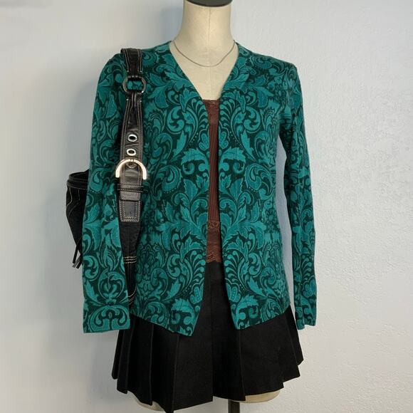 Talbots Wool Cardigan Sweater Teal Scroll Print Whimsigoth Small Quiet Luxury - Picture 1 of 8